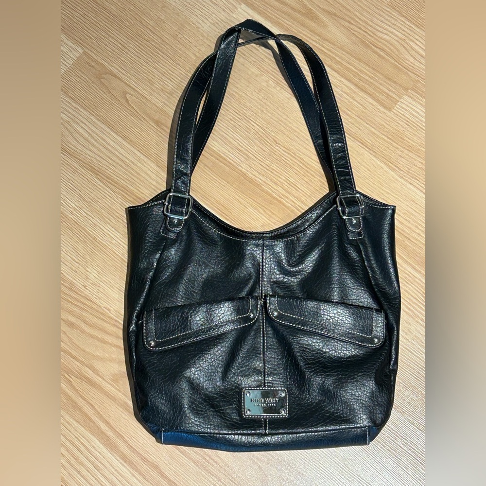 Black Leather Shoulder Bag - Nine West